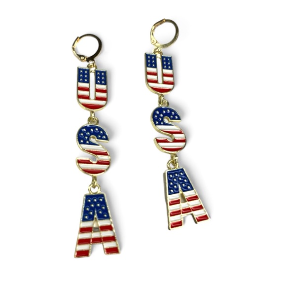 Americana ๐บ๐ธ USA Flag Dangle Earrings gold tone NWOT - Picture 2 of 3